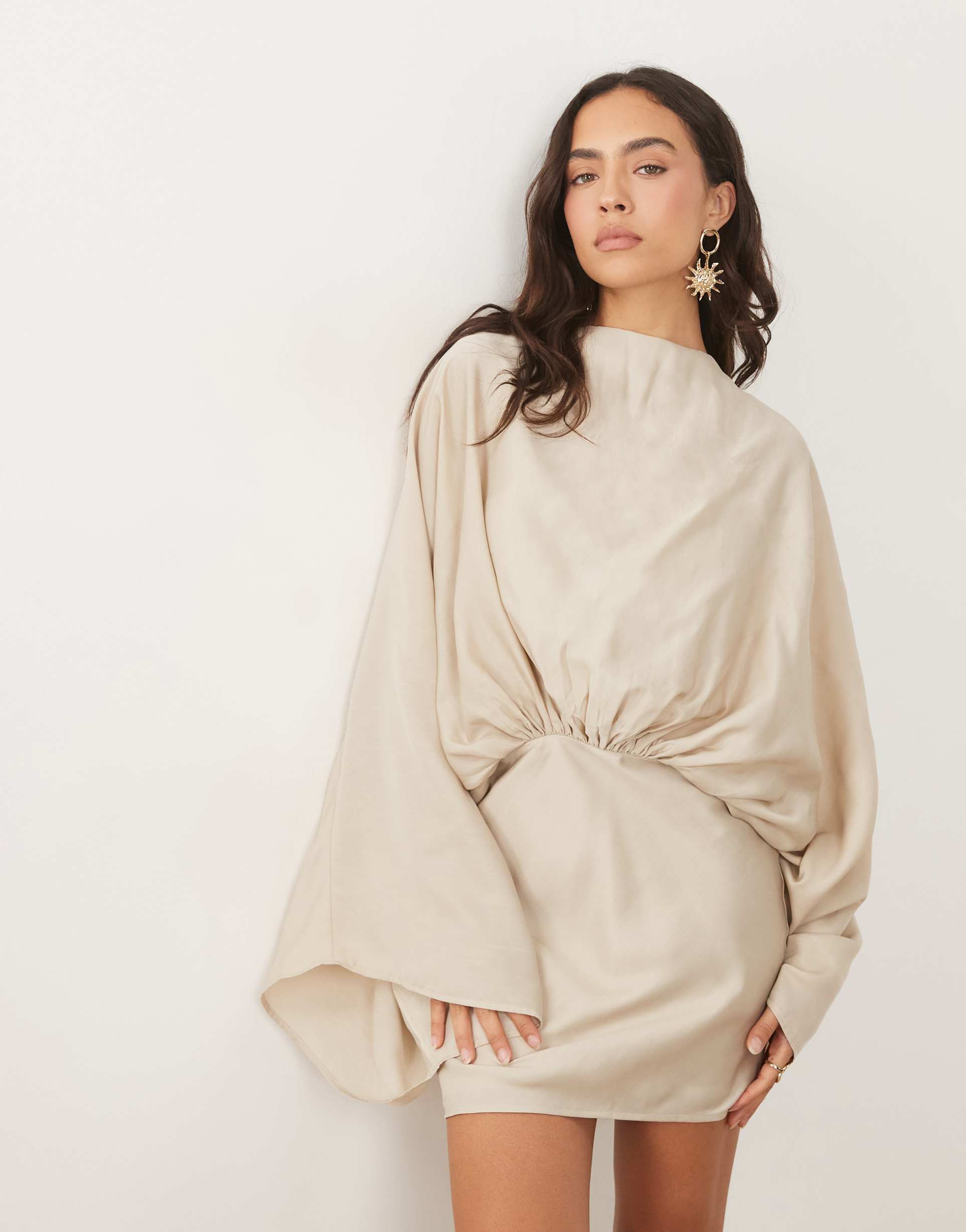 asos design cape sleeve open back mini dress with tassels in stone