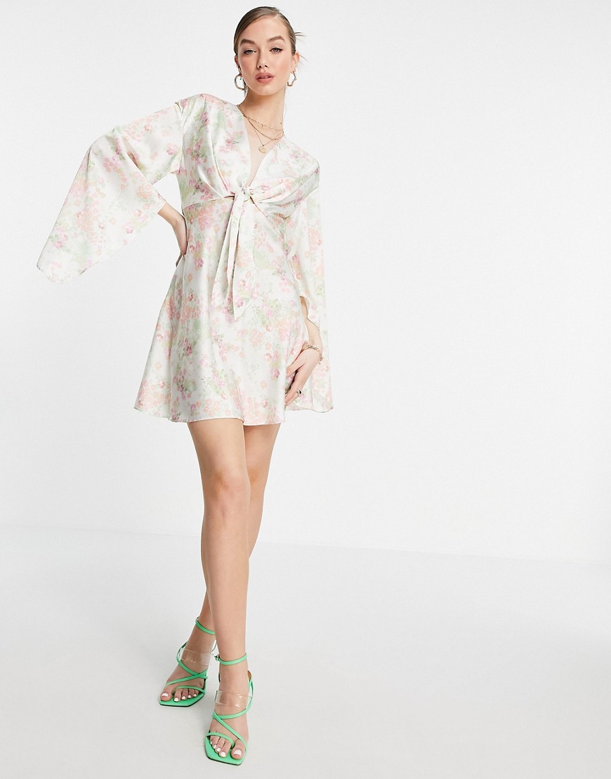 ASOS DESIGN cape sleeve satin mini dress with knot front in cream floral-White