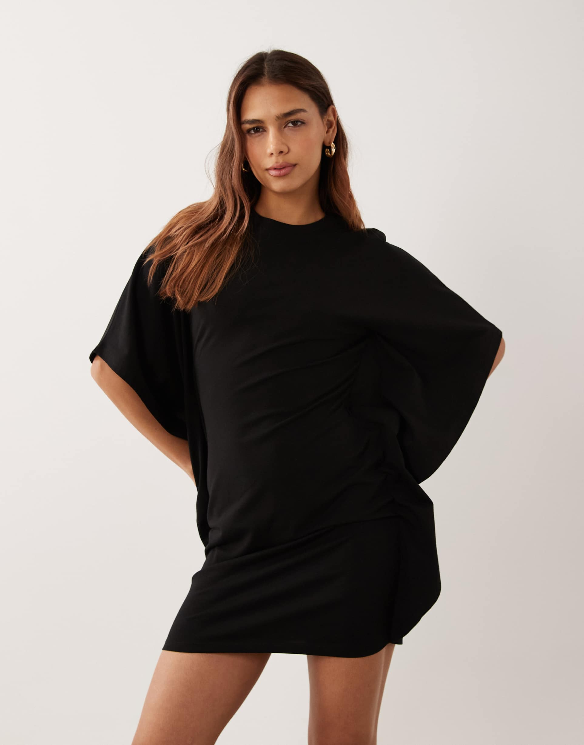 asos design cape style mini dress with tee collar neck in black