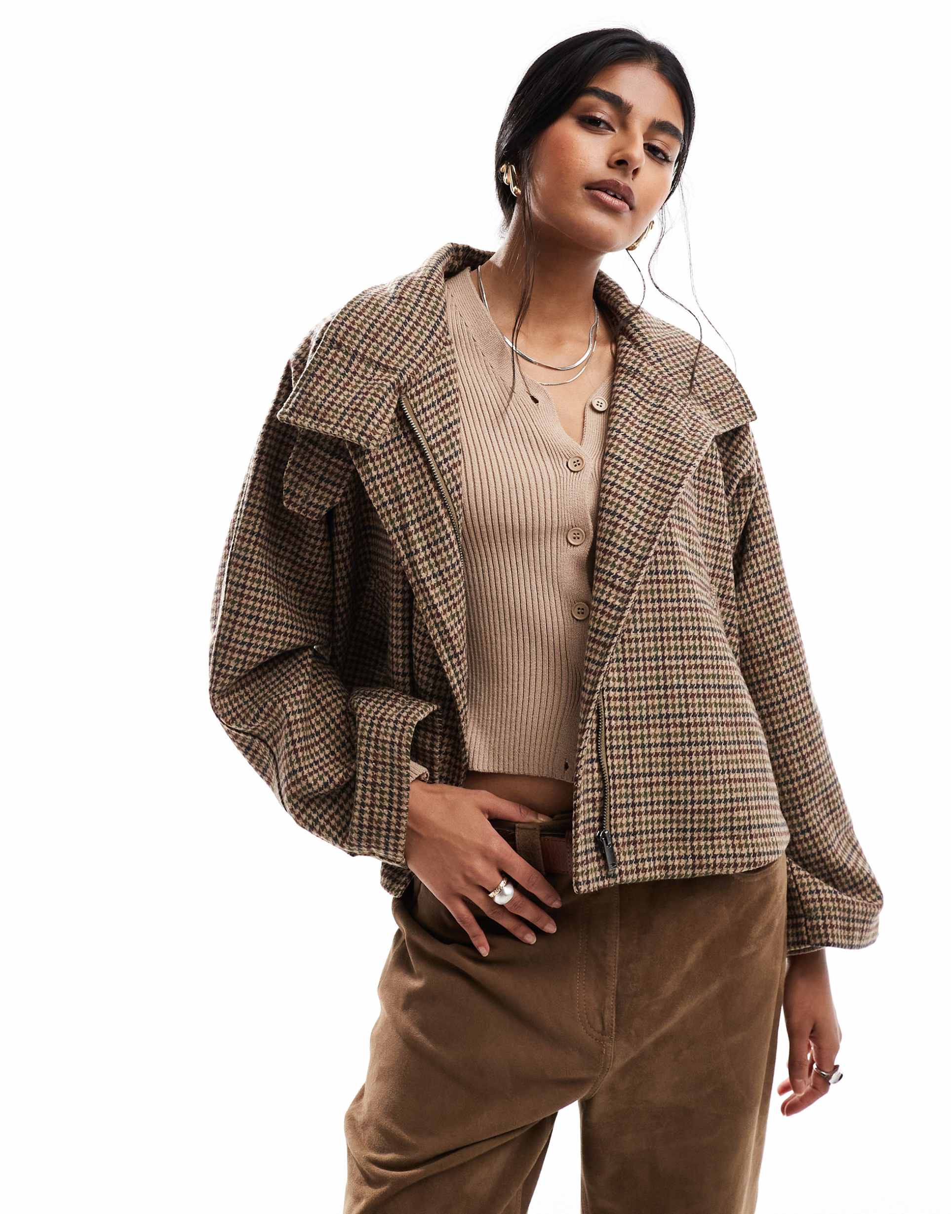 asos design cape swing crop trench in heritage plaid