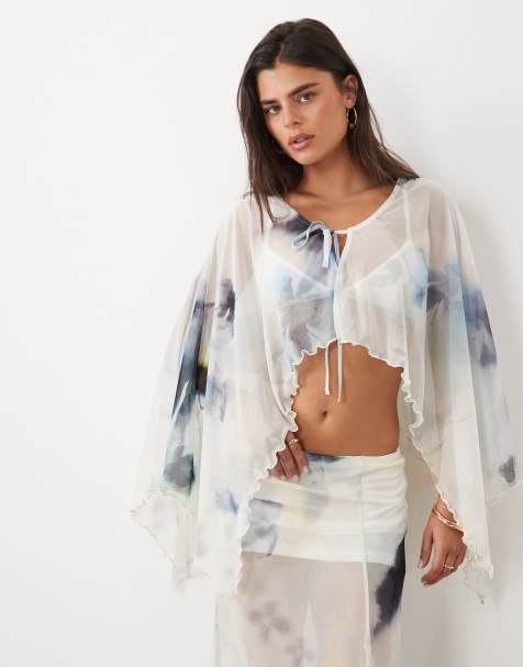 ASOS DESIGN Cape-Top aus Mesh mit Print in Blau mit Blumenmuster - view 1