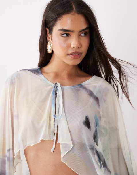 ASOS DESIGN cape-top i mesh med print og blomsterprint i blå - view 1