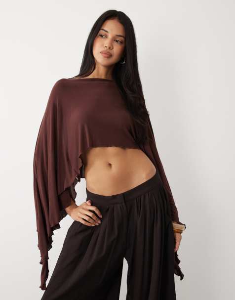 ASOS DESIGN - Cape top met uitlopende mouwen en lange pasvorm in chocoladebruin - view 1