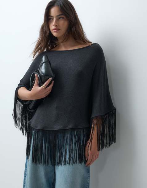 ASOS DESIGN cape-topp med bara axlar och fransar i svart - view 1