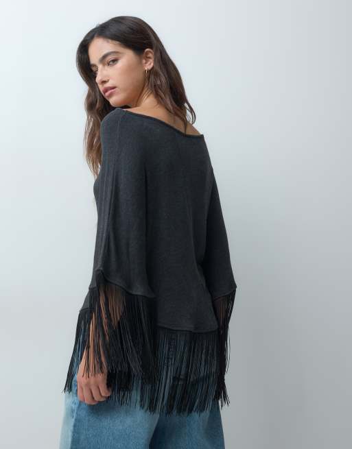 ASOS DESIGN cape-topp med bara axlar och fransar i svart, 3 av 5