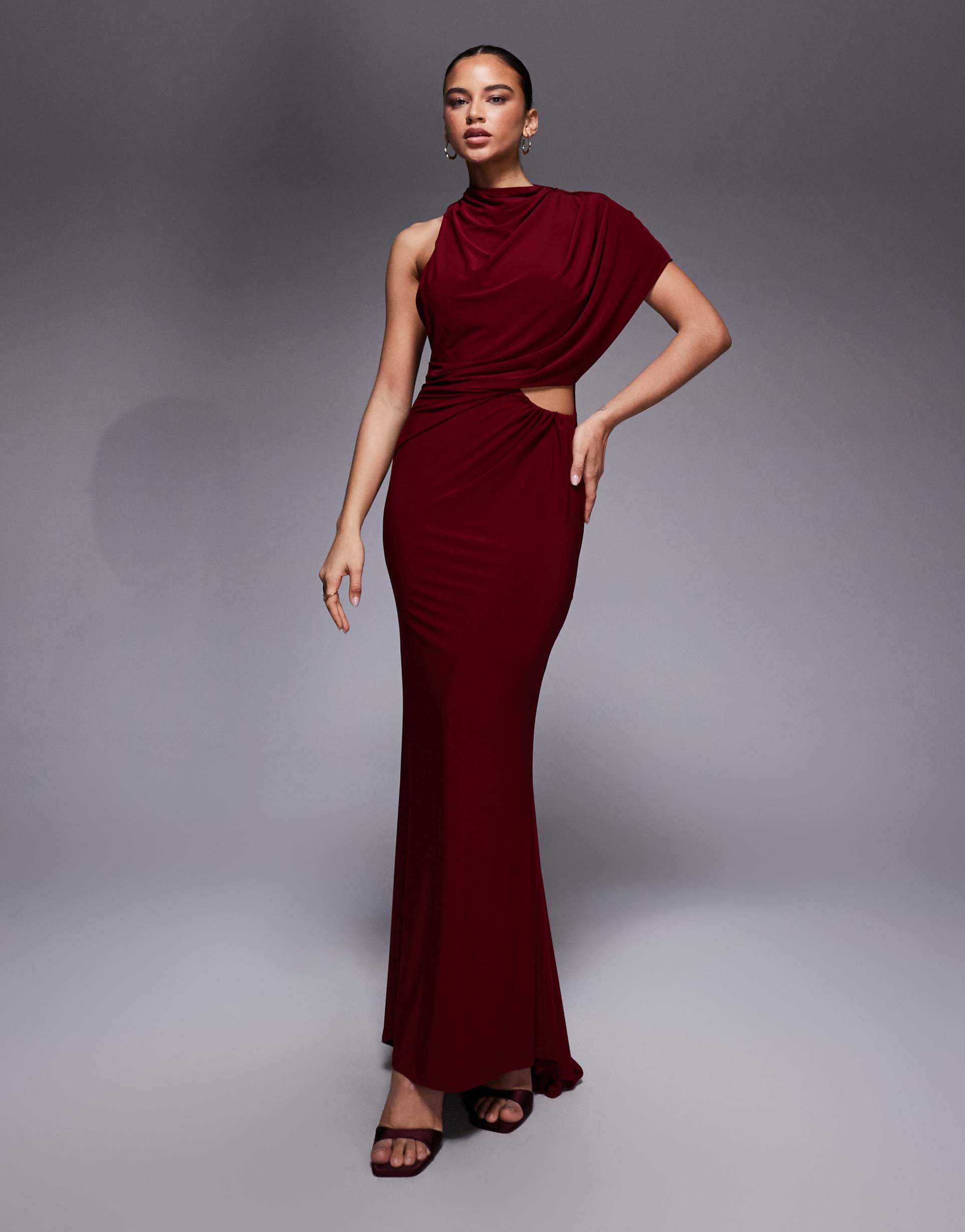 asos design caped one shoulder cut out maxi dress with open back in wine