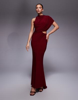 Asos Design Caped One Shoulder Cut Out Maxi Dress With Open Back In Red