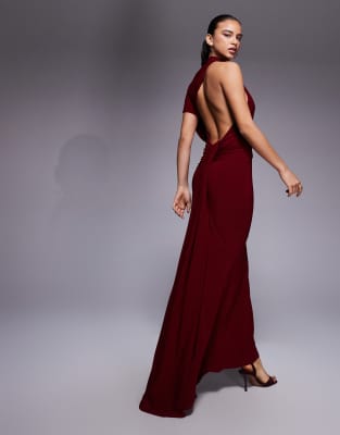 Asos Design Caped One Shoulder Cut Out Maxi Dress With Open Back In Red