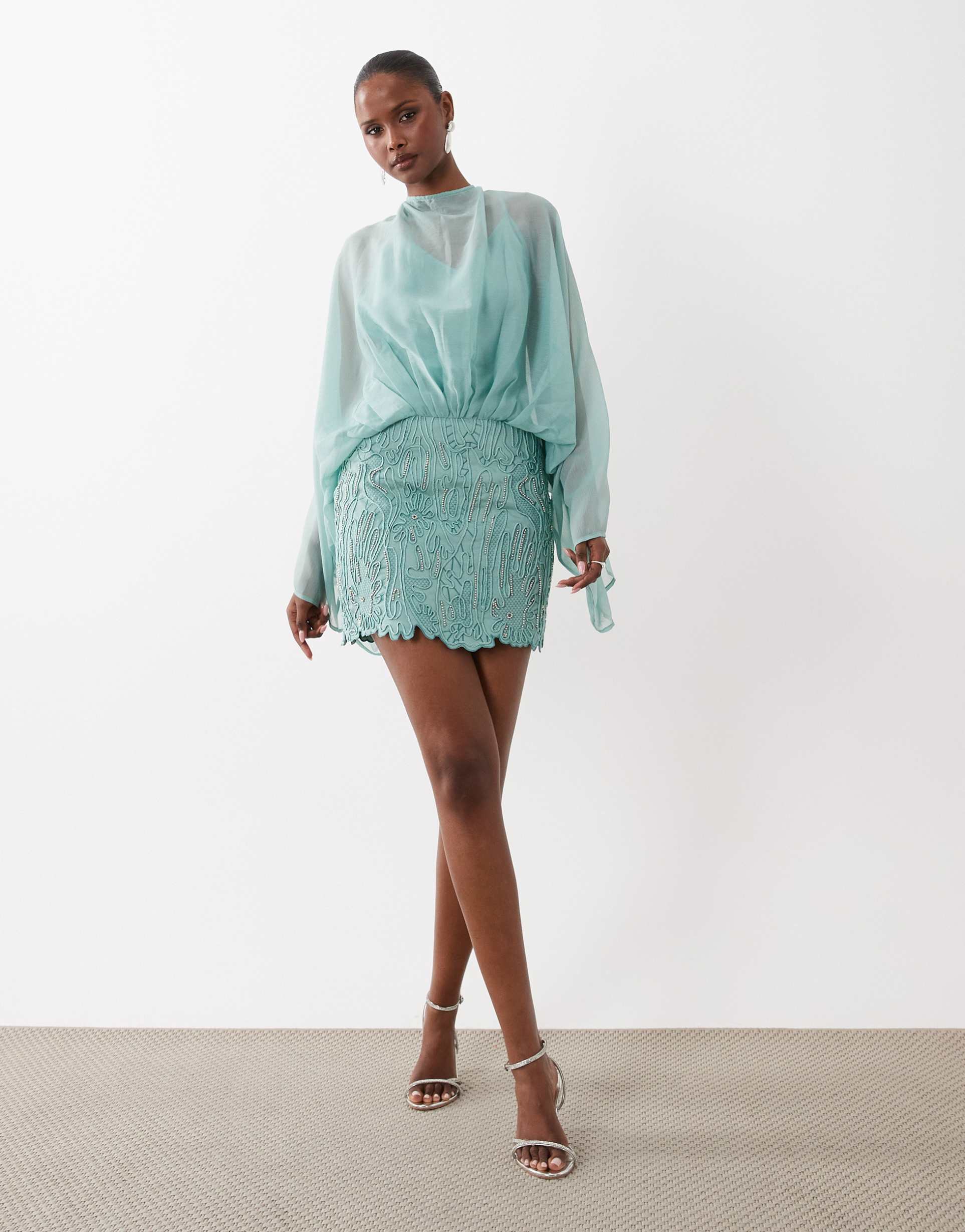 asos design caped open back mini dress with embellished skirt in blue