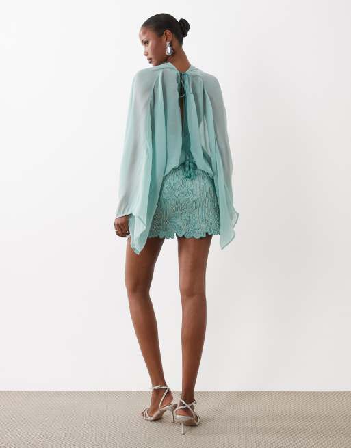 ASOS DESIGN caped open back mini dress with embellished skirt in turquoise, 2 of 4