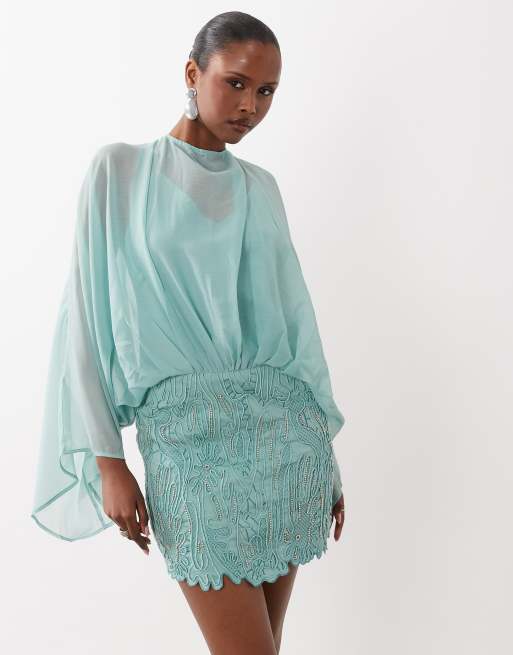 ASOS DESIGN caped open back mini dress with embellished skirt in turquoise, 3 of 4