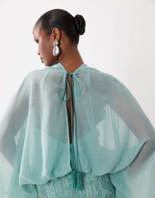 ASOS DESIGN caped open back mini dress with embellished skirt in turquoise, 4 of 4