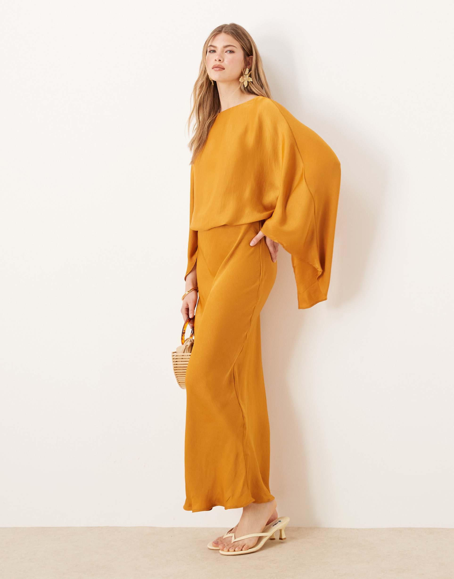asos design caped satin maxi dress in ocher