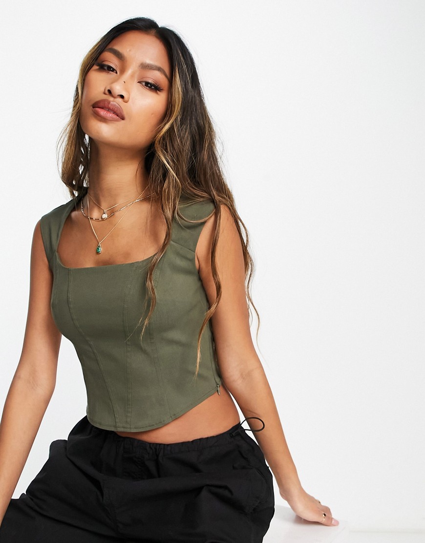 ASOS DESIGN capped sleeve corset top with seaming detail in khaki-Green
