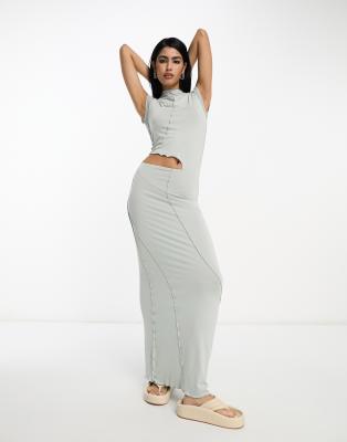 ASOS DESIGN capped sleeve maxi dress with cut out waist and seam detail in sage-Green