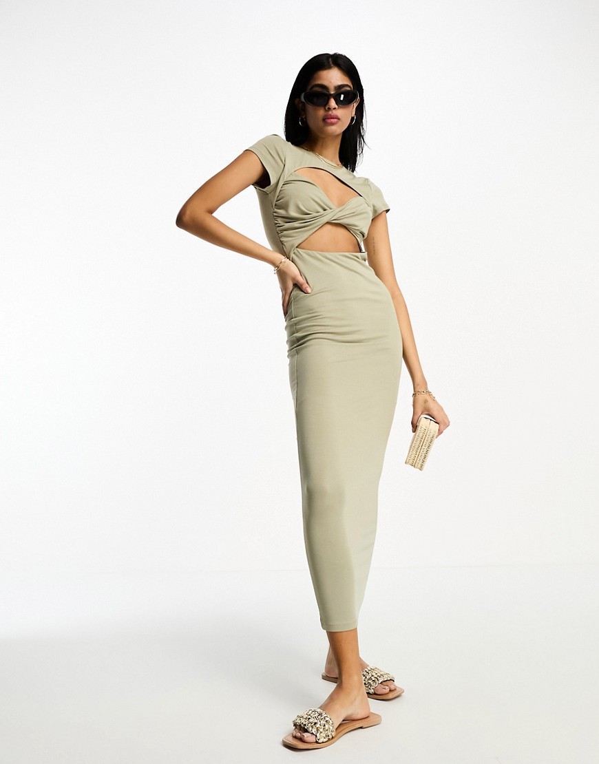 ASOS DESIGN capped sleeve midi dress with twist bust and cut out in sage-Green