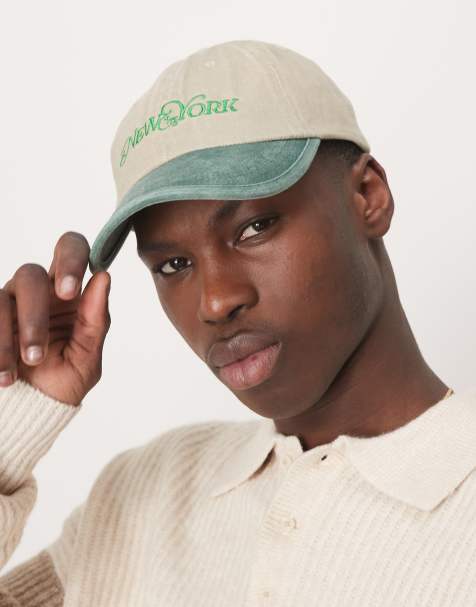 ASOS DESIGN - Cappellino color pietra con visiera verde a contrasto e ricamo "New York" - view 1