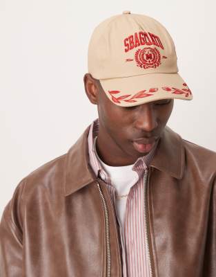ASOS DESIGN - Cappellino color visone con ricamo e dettaglio sulla visiera