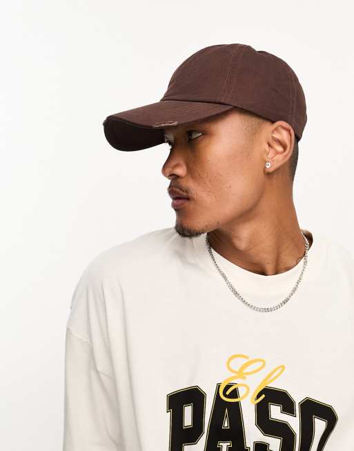 ASOS DESIGN - Cappello con visiera morbido color cioccolato effetto invecchiato