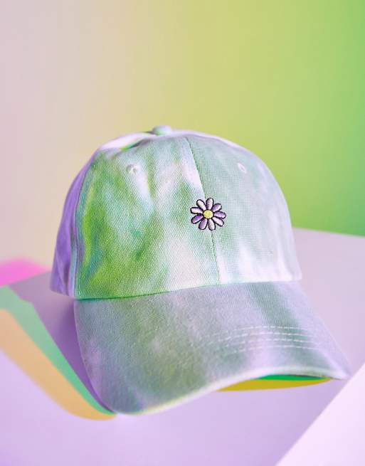 ASOS DESIGN - Cappello con visiera morbido verde tie-dye con ricamo a fiori, 4 di 4