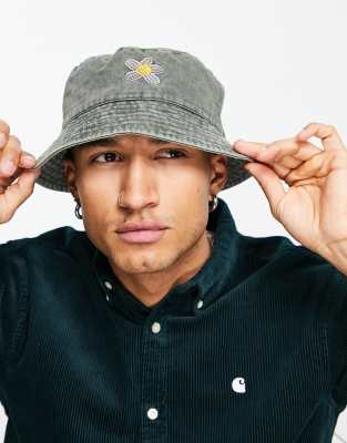 ASOS DESIGN - Cappello da pescatore in cotone verde slavato con fiore ricamato