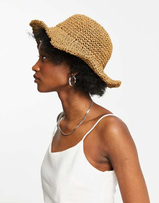 ASOS DESIGN - Cappello da pescatore regolabile in paglia all'uncinetto marrone con bordo arricciato
