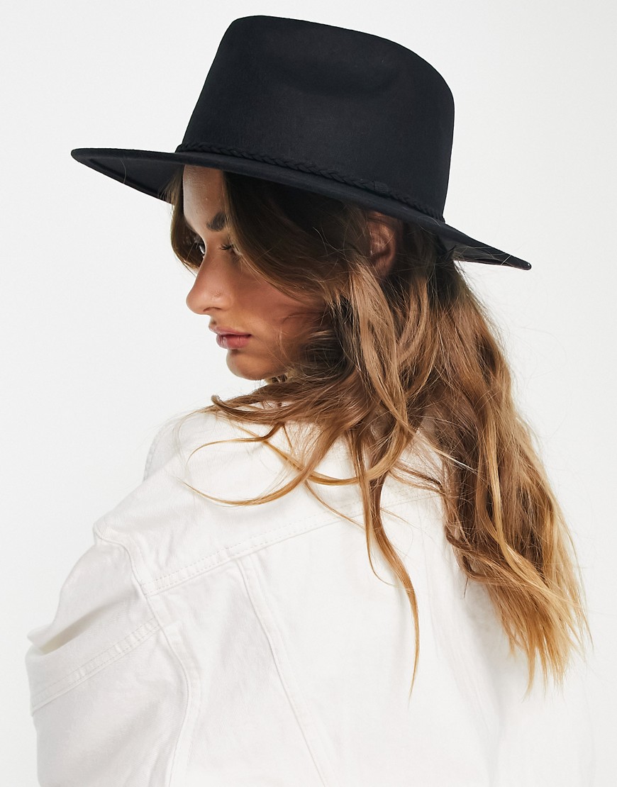 Cappello Nero donna ASOS DESIGN - Cappello fedora in feltro con fascia intrecciata e regolazione laterale-Nero