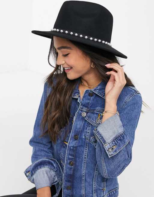 ASOS DESIGN - Cappello Panama regolabile in feltro con bordo con perle sintetiche nero, 3 di 4