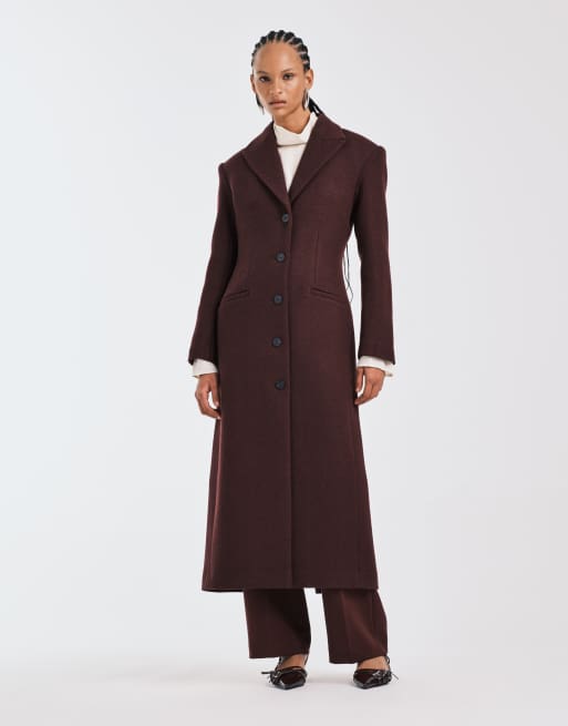 ASOS DESIGN - Cappotto bordeaux aderente in misto lana spazzolato premium, 3 di 4