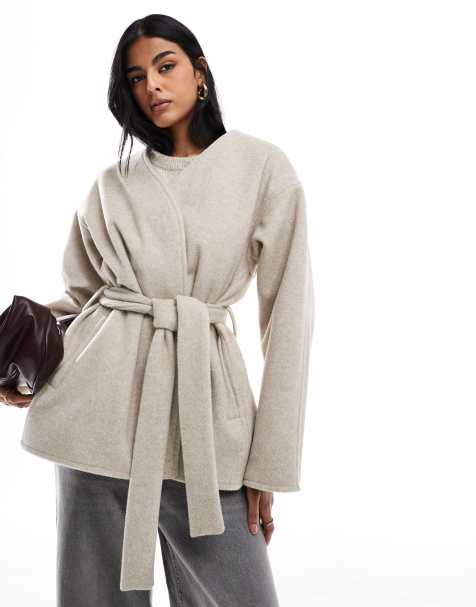 ASOS DESIGN - Cappotto color avena senza colletto con cintura - view 1