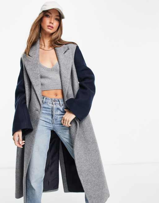 ASOS DESIGN - Cappotto dad stile college con maniche a contrasto, colore grigio