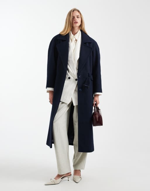 ASOS DESIGN - Cappotto in misto lana blu navy con cintura e spalle pronunciate, 2 di 4