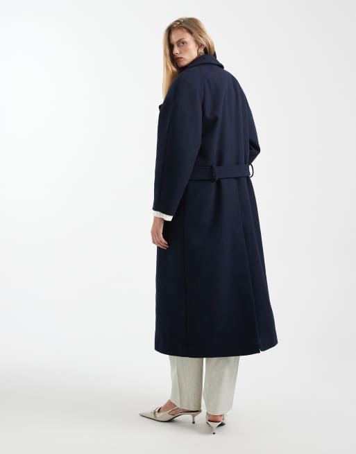 ASOS DESIGN - Cappotto in misto lana blu navy con cintura e spalle pronunciate, 3 di 4