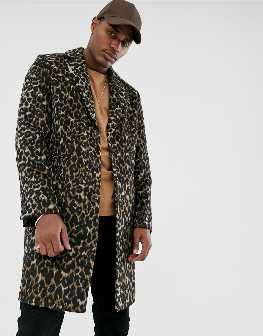 ASOS DESIGN - Cappotto in misto lana con stampa leopardata-Nero