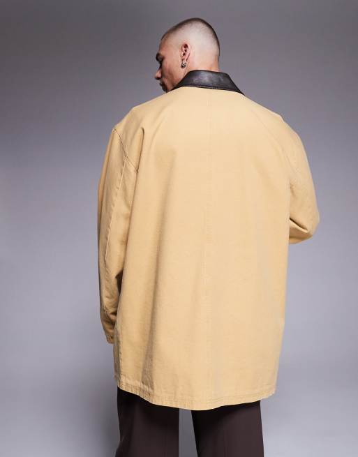 ASOS DESIGN - Cappotto lunghezza media in cotone color pietra slavato con colletto a contrasto, 4 di 4