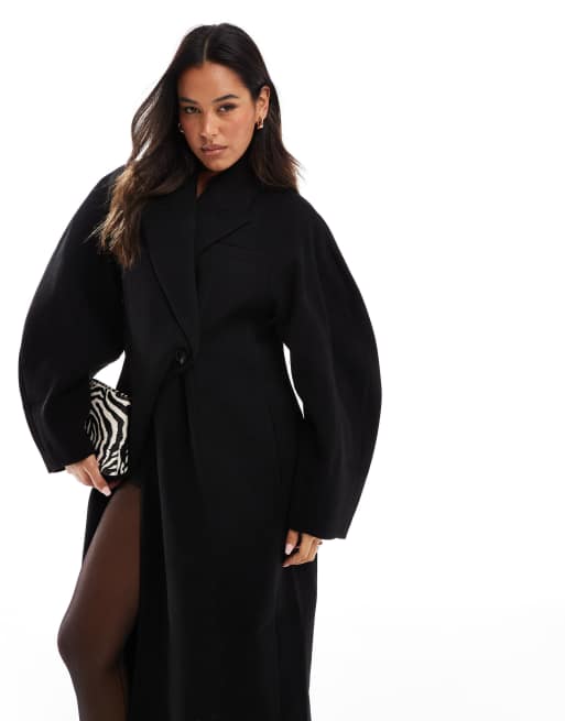 ASOS DESIGN Cappotto nero con maniche oversize stretto in vita