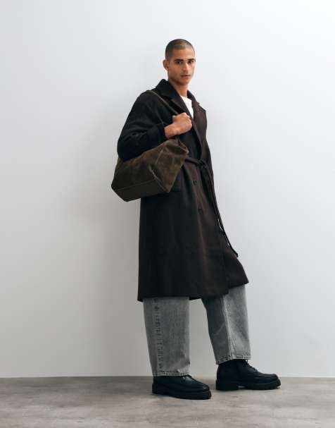 ASOS DESIGN cappotto oversize effetto lana con cintura marrone - view 1