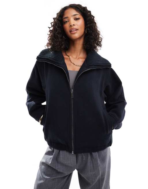 ASOS DESIGN - Cappotto taglio corto blu navy con colletto in maglia
