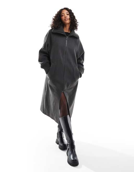 ASOS DESIGN - Cappotto taglio lungo grigio antracite con colletto in maglia