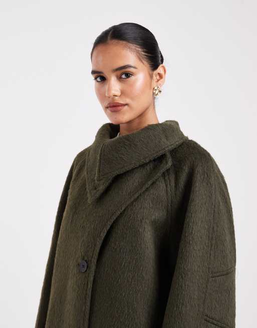 ASOS DESIGN - Cappotto taglio lungo in misto lana kaki con scollo a imbuto, 2 di 4