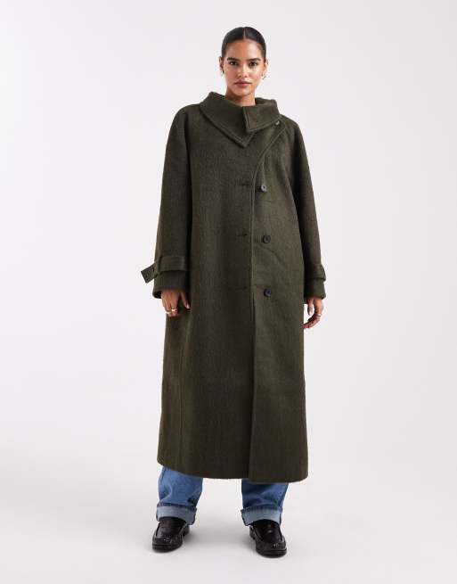 ASOS DESIGN - Cappotto taglio lungo in misto lana kaki con scollo a imbuto, 4 di 4