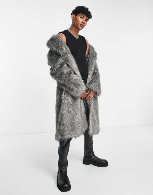 ASOS DESIGN - Cappotto taglio lungo in pelliccia sintetica oversize grigio