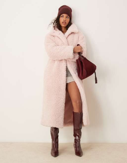 ASOS DESIGN - Cappotto taglio lungo rosa chiaro in pile borg a ricci