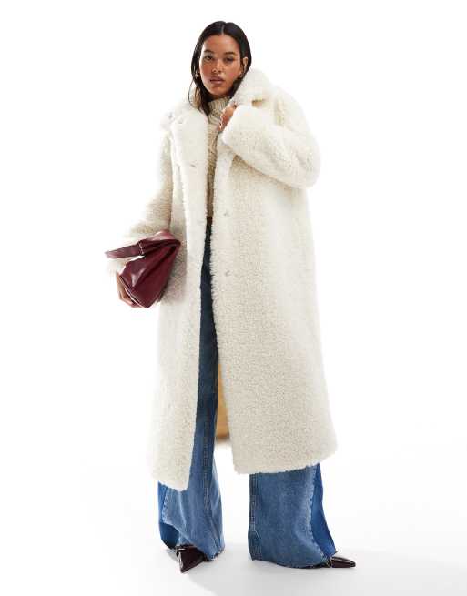 ASOS DESIGN - Cappotto taglio lungo tonalità neutra in pile borg a ricci