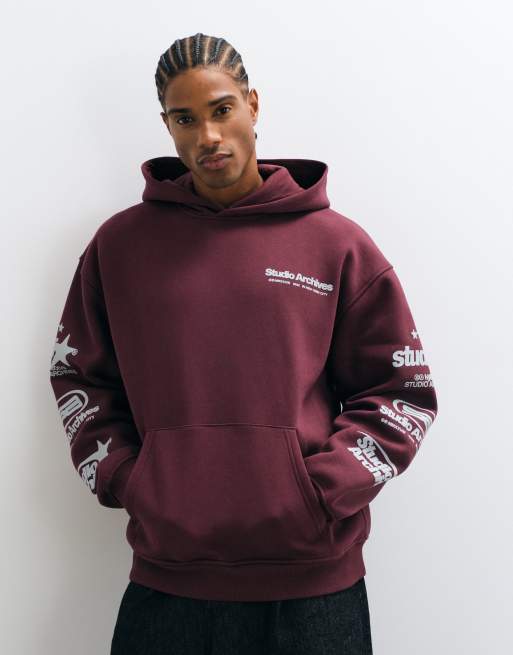 ASOS DESIGN cappuccio oversize con stampa pigmentata bordeaux, 4 di 5