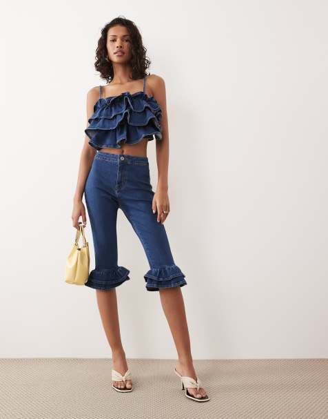 ASOS DESIGN – Capri-Jeanshose in dunklem Mittelblau mit Rüschensaum, Kombiteil - view 1