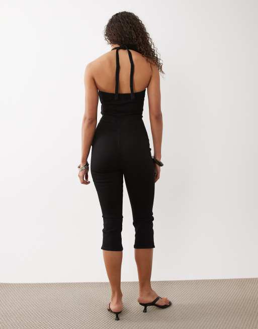 ASOS DESIGN - Capri-jumpsuit van stretchdenim met halternek in zwart, 4 van 4