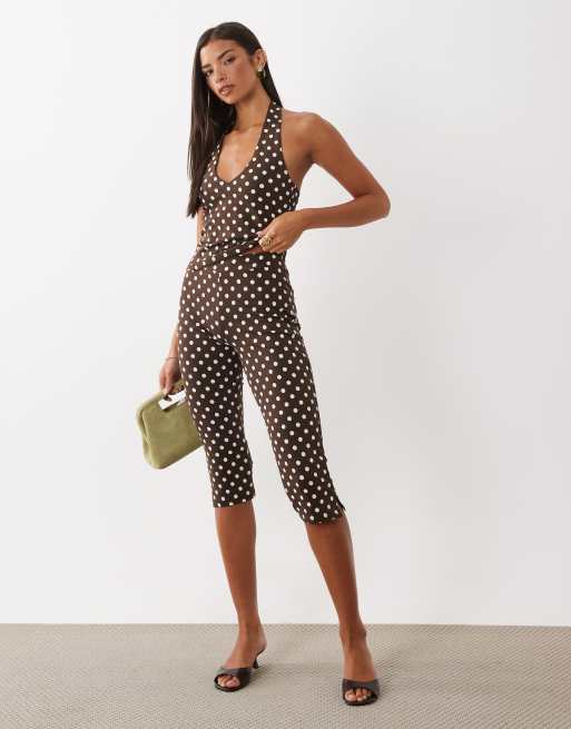 ASOS DESIGN – Czekoladowy zestaw w groszki: top z dekoltem halter i legginsy capri, 2 z 3