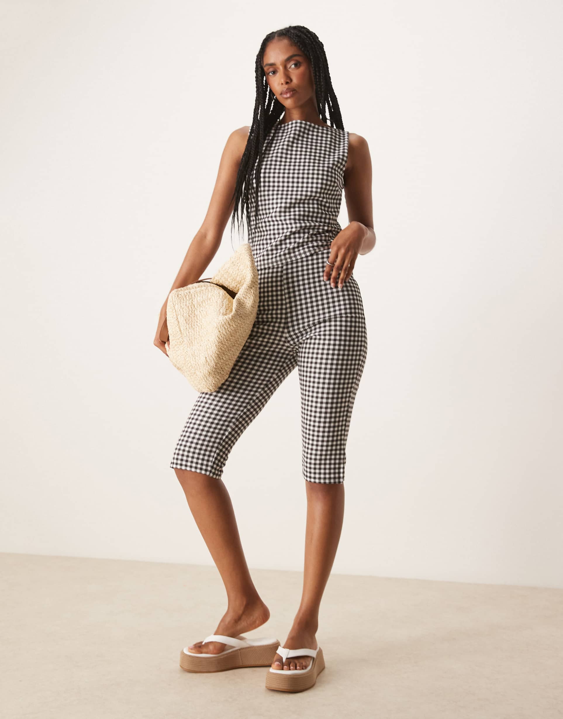 asos design capri pants with side slits in gingham print - part of a set