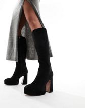 Shelly's London wedge knee boots in black stretch | ASOS